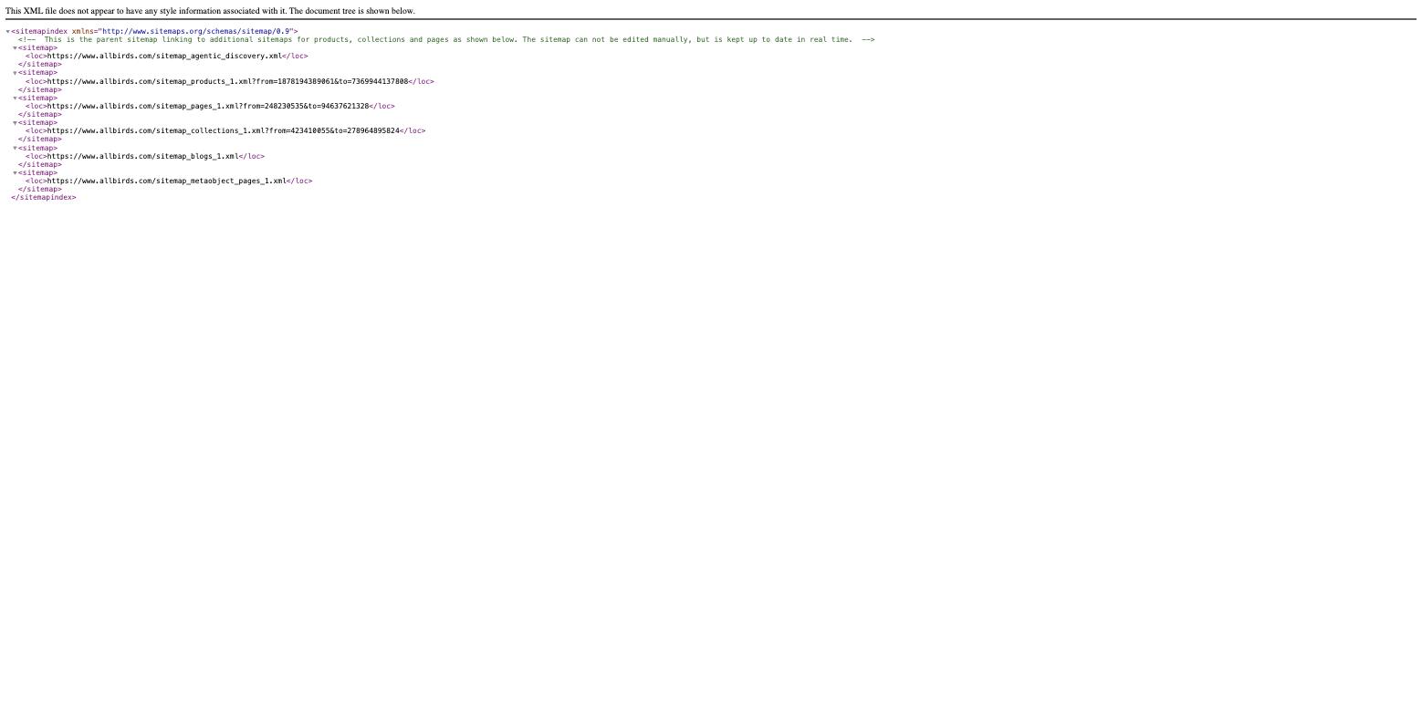 Real Shopify sitemap.xml index file showing links to product, collection, page, and blog sub-sitemaps
