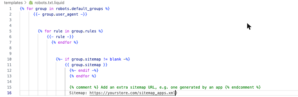 Shopify robots.txt.liquid code editor showing the default rules loop with an extra Sitemap: line added
